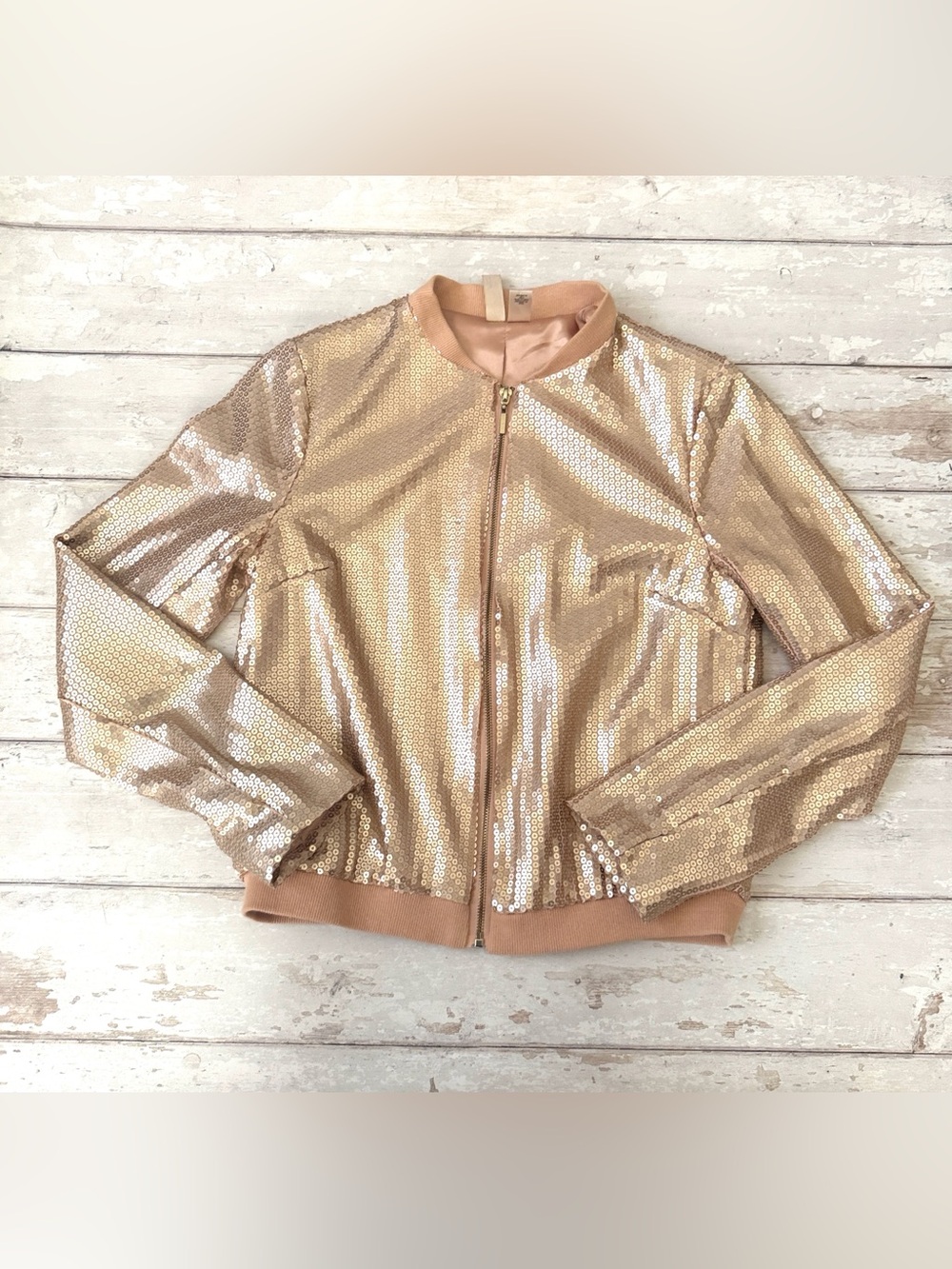 Women’s M Sequin Zip Up Jacket Club Blazer Gold Rosegold Size Medium